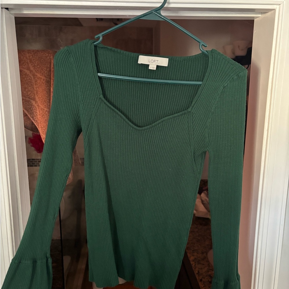 LOFT Forest Green Ribbed Long Sleeve Top
